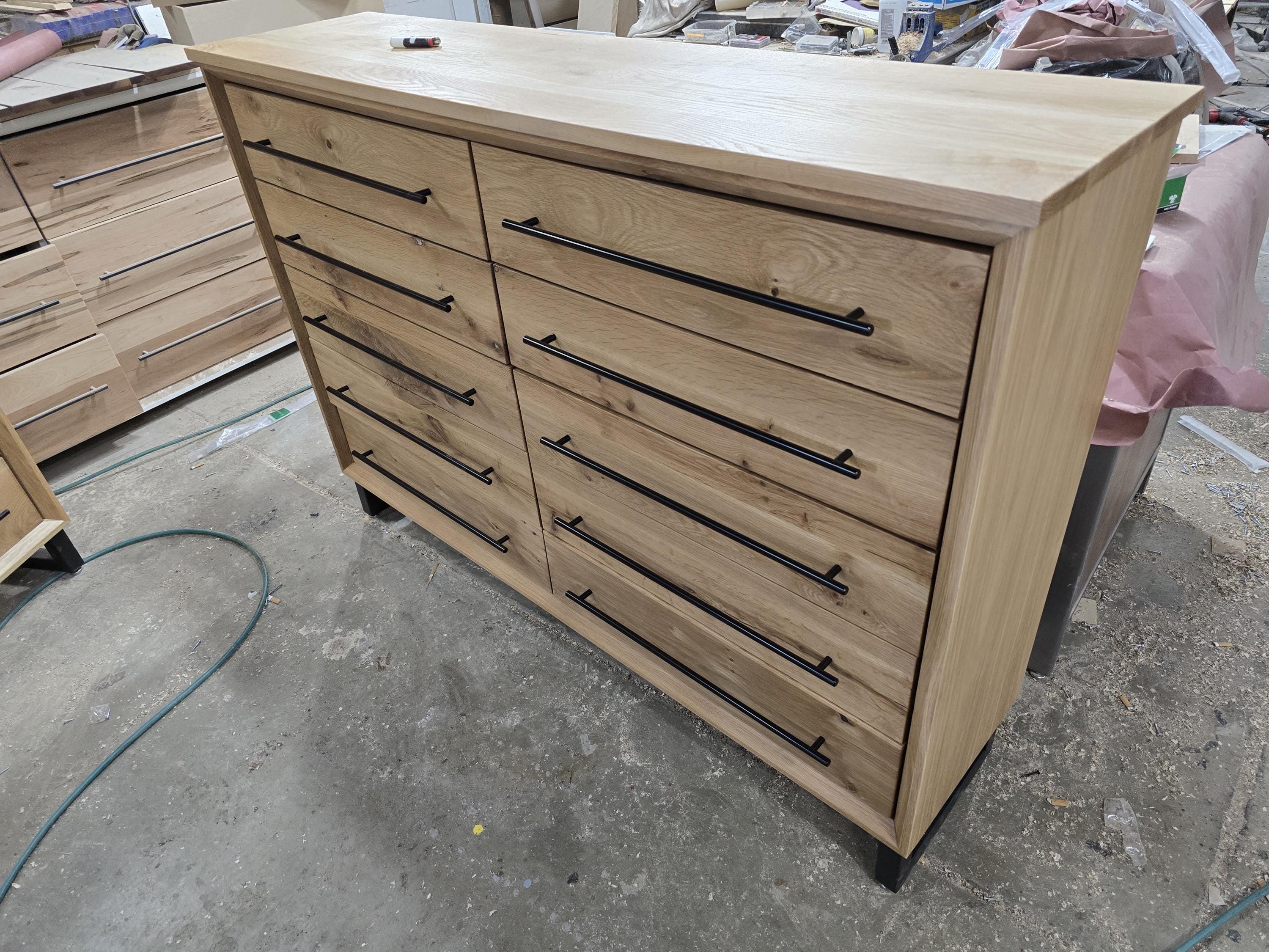 Hand Crafted 5 foot 42"tall 18 deep  10 Drawer Modern Industrial Dresser made of white oak on steel legs with adjustable feet