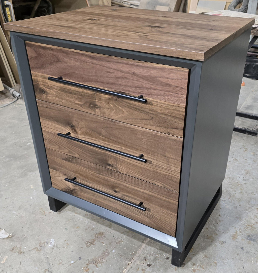 handmade small dresser/side table with 3 walnut faced drawers on steel legs 26w x 32t x 20d