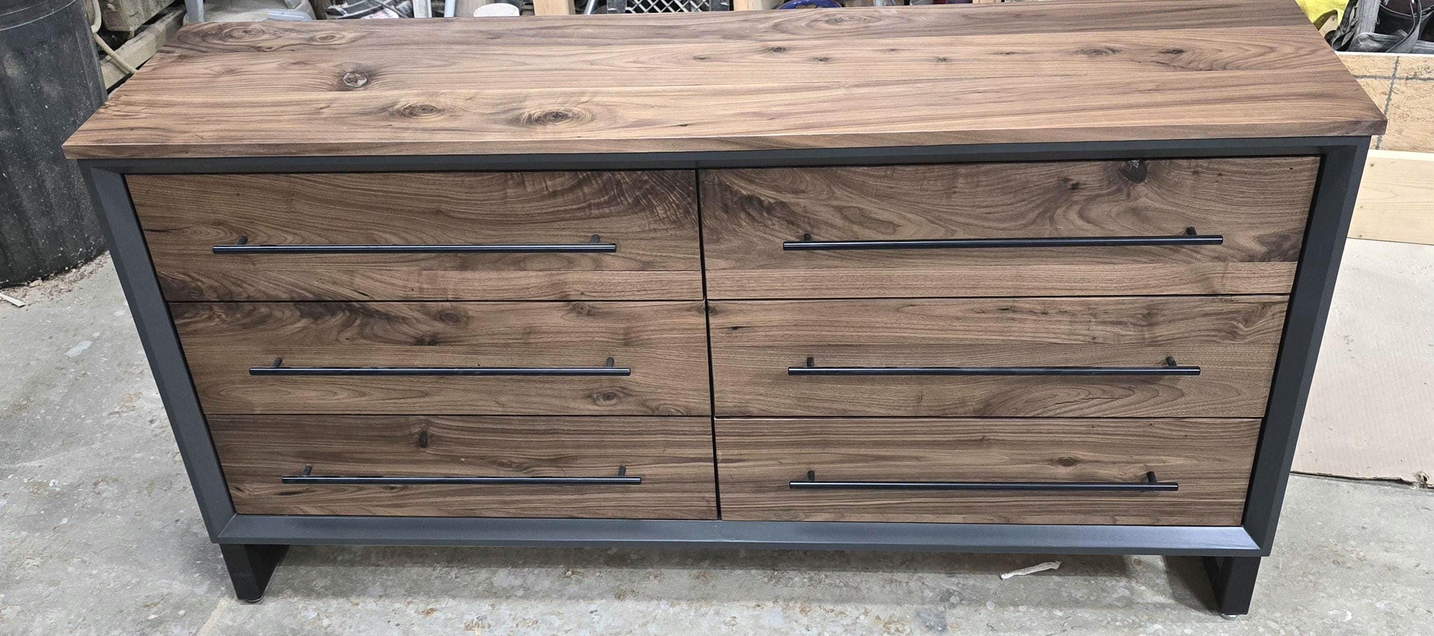 Hand Crafted to order 5 foot  6-Drawer Modern Industrial Dresser with real Walnut Drawer Faces and top