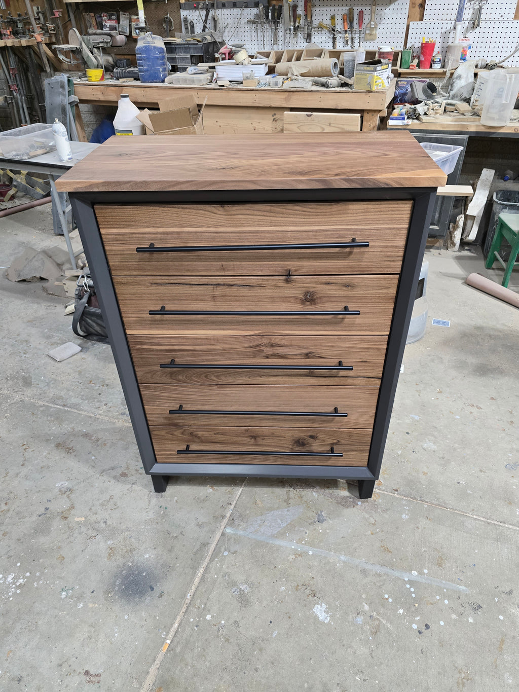 Handcrafted 30" modern chest of drawers iron paint and real walnut fronts ant tops