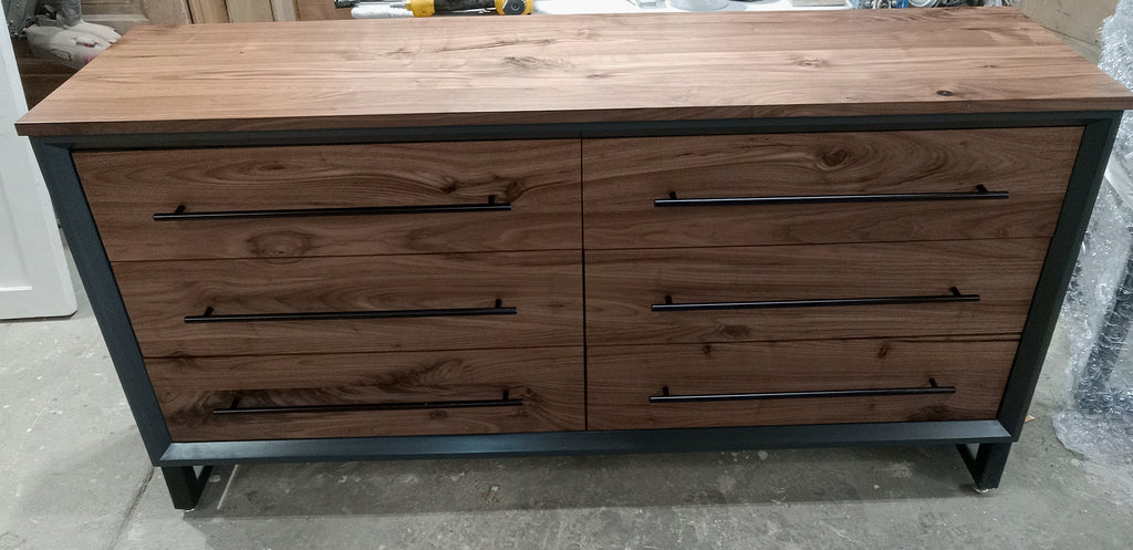 60" Modern 6 drawer dresser in iron finish with walnut fronts and top.