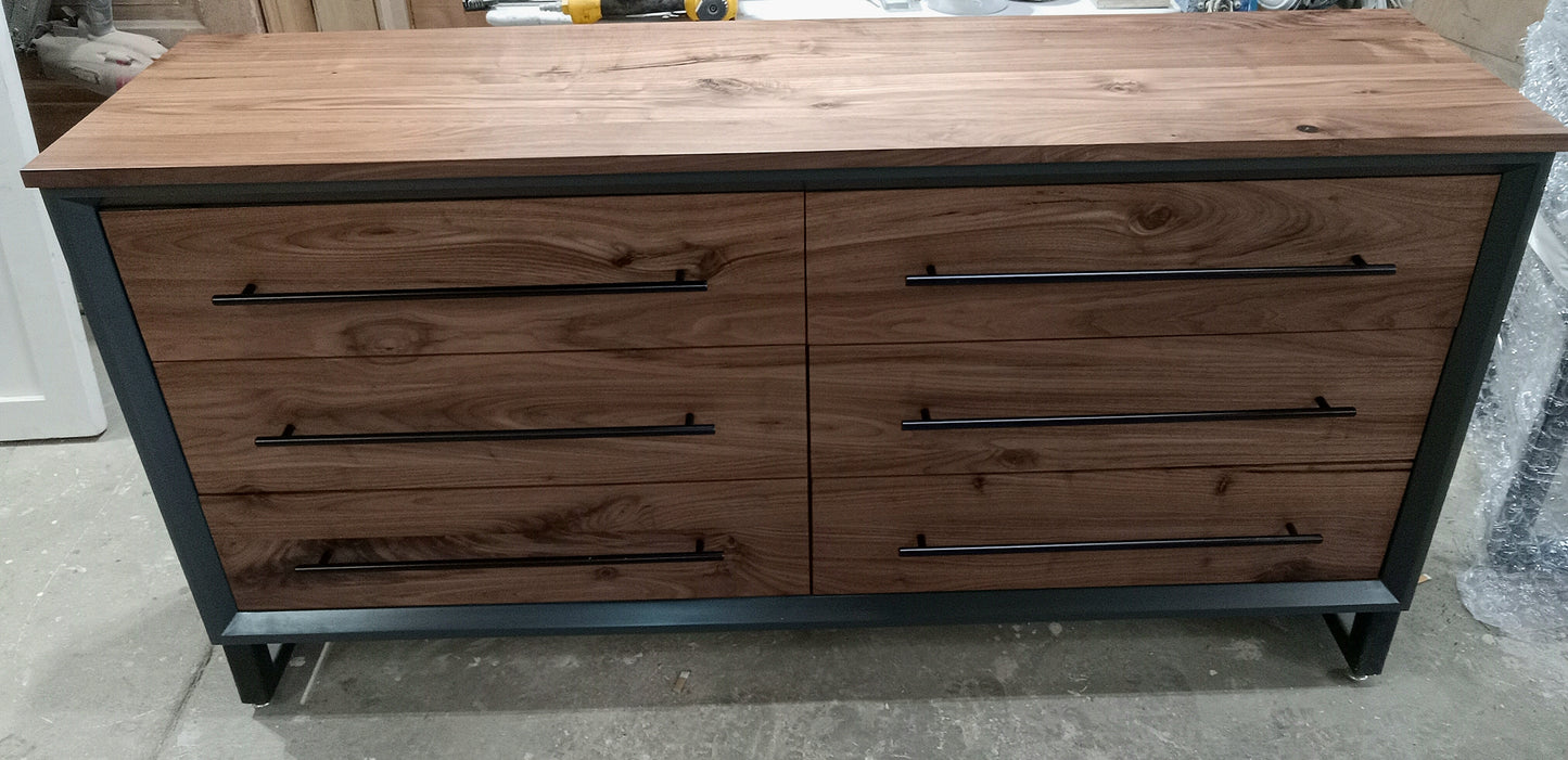 60" Modern 6 drawer dresser in iron finish with walnut fronts and top.