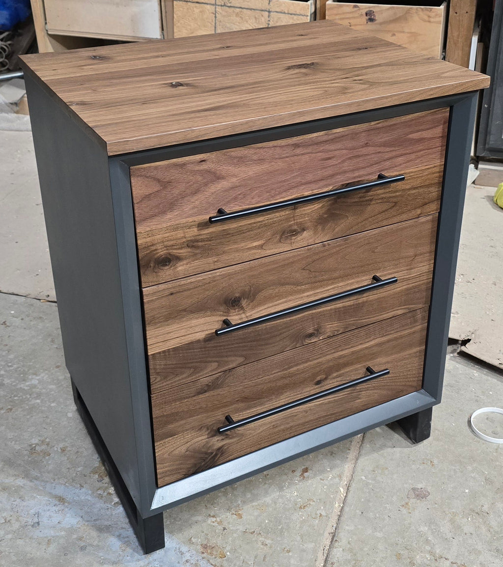 Handcrafted 3 drawer nightstand in iron finish w/real walnut fronts and tops 18w x 18d x 24t