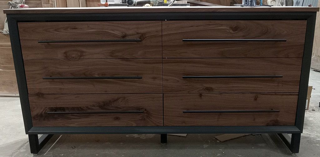 60" Modern 6 drawer dresser in iron finish with walnut fronts and top.