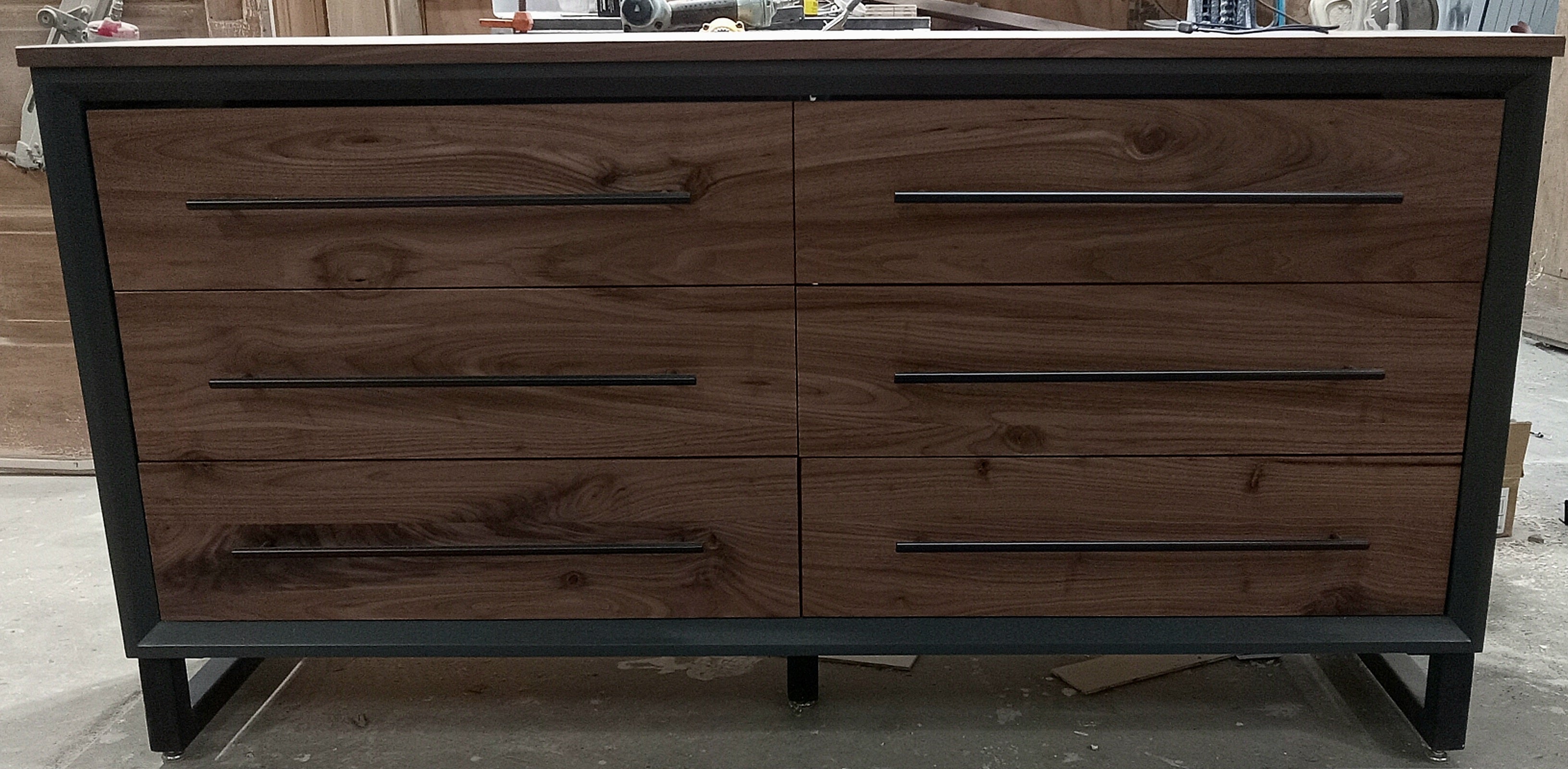 60" Modern 6 drawer dresser in iron finish with walnut fronts and top.