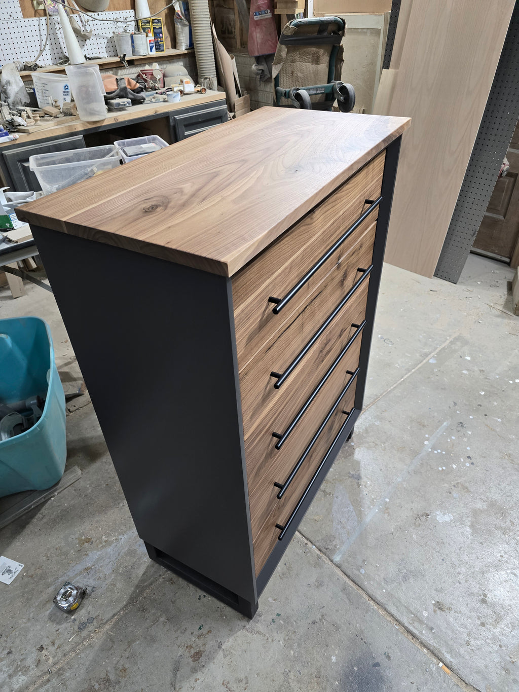 Handcrafted 30" modern chest of drawers iron paint and real walnut fronts ant tops