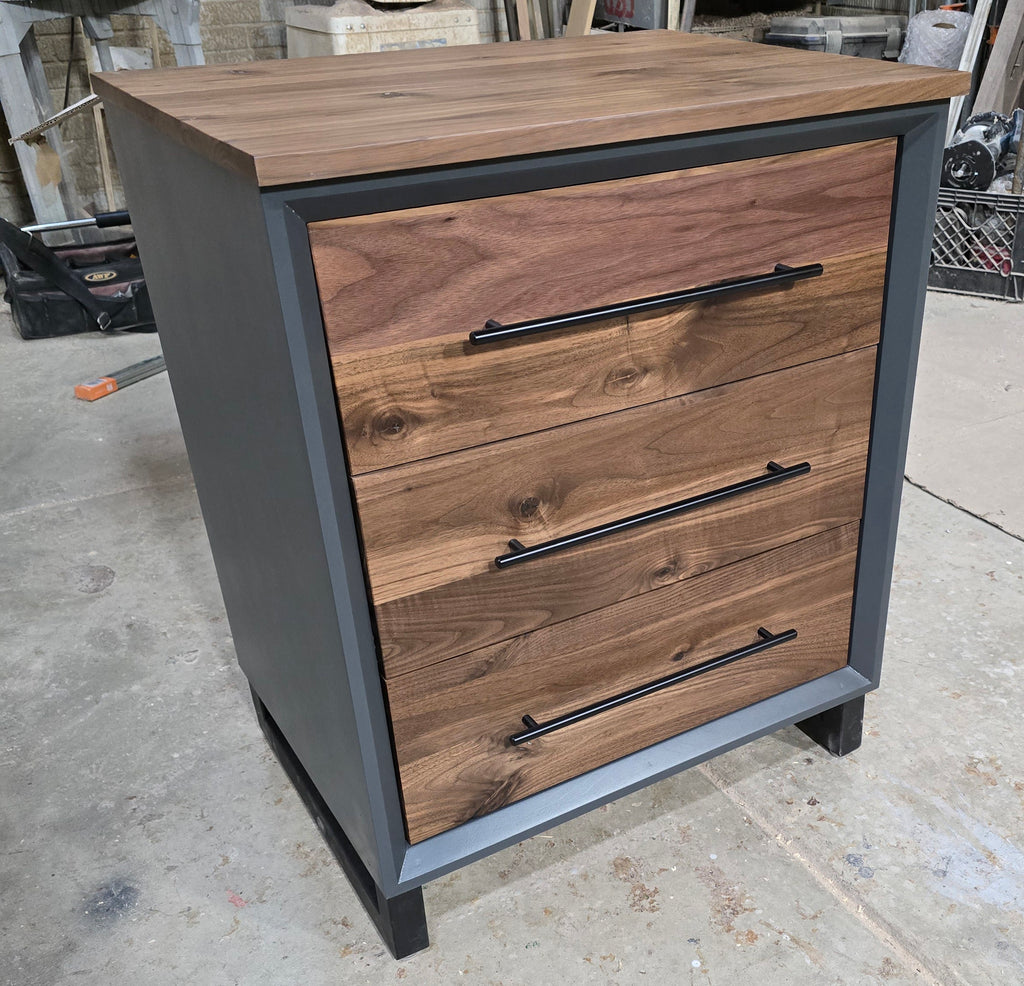 Handcrafted 3 drawer nightstand in iron finish w/real walnut fronts and tops 18w x 18d x 24t