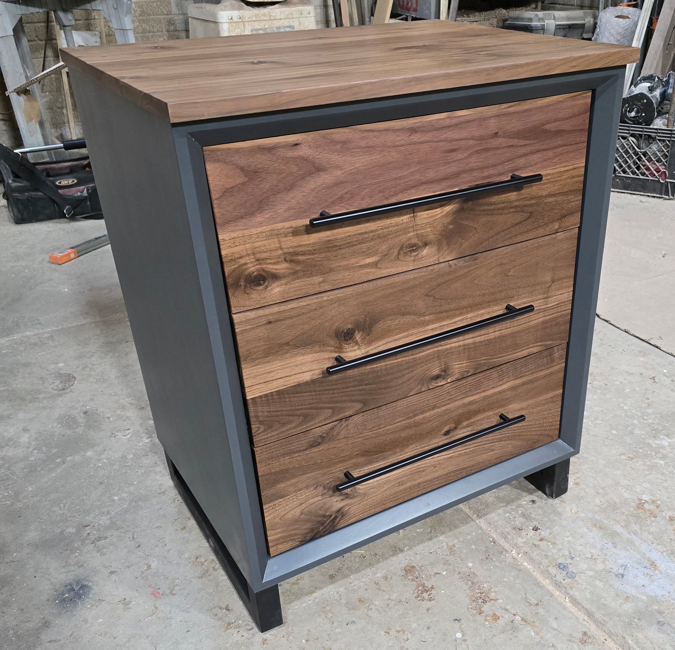 Handcrafted 3 drawer nightstand in iron finish w/real walnut fronts and tops 18w x 18d x 24t