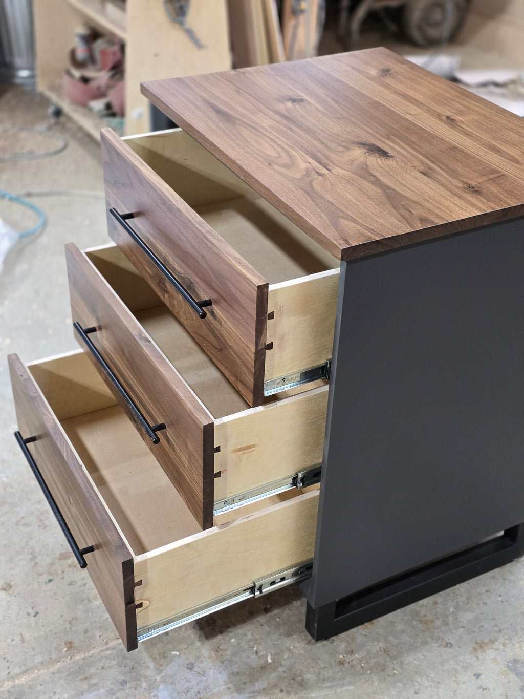 Handcrafted 3 drawer nightstand in iron finish w/real walnut fronts and tops 18w x 18d x 24t