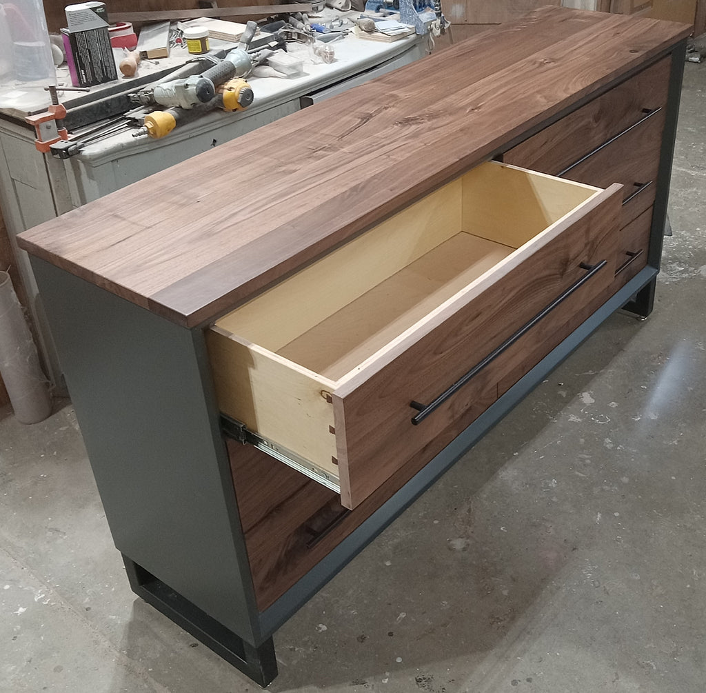 60" Modern 6 drawer dresser in iron finish with walnut fronts and top.