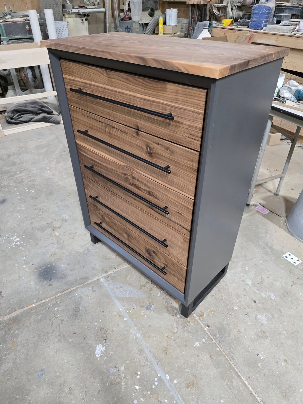 Handcrafted 30" modern chest of drawers iron paint and real walnut fronts ant tops
