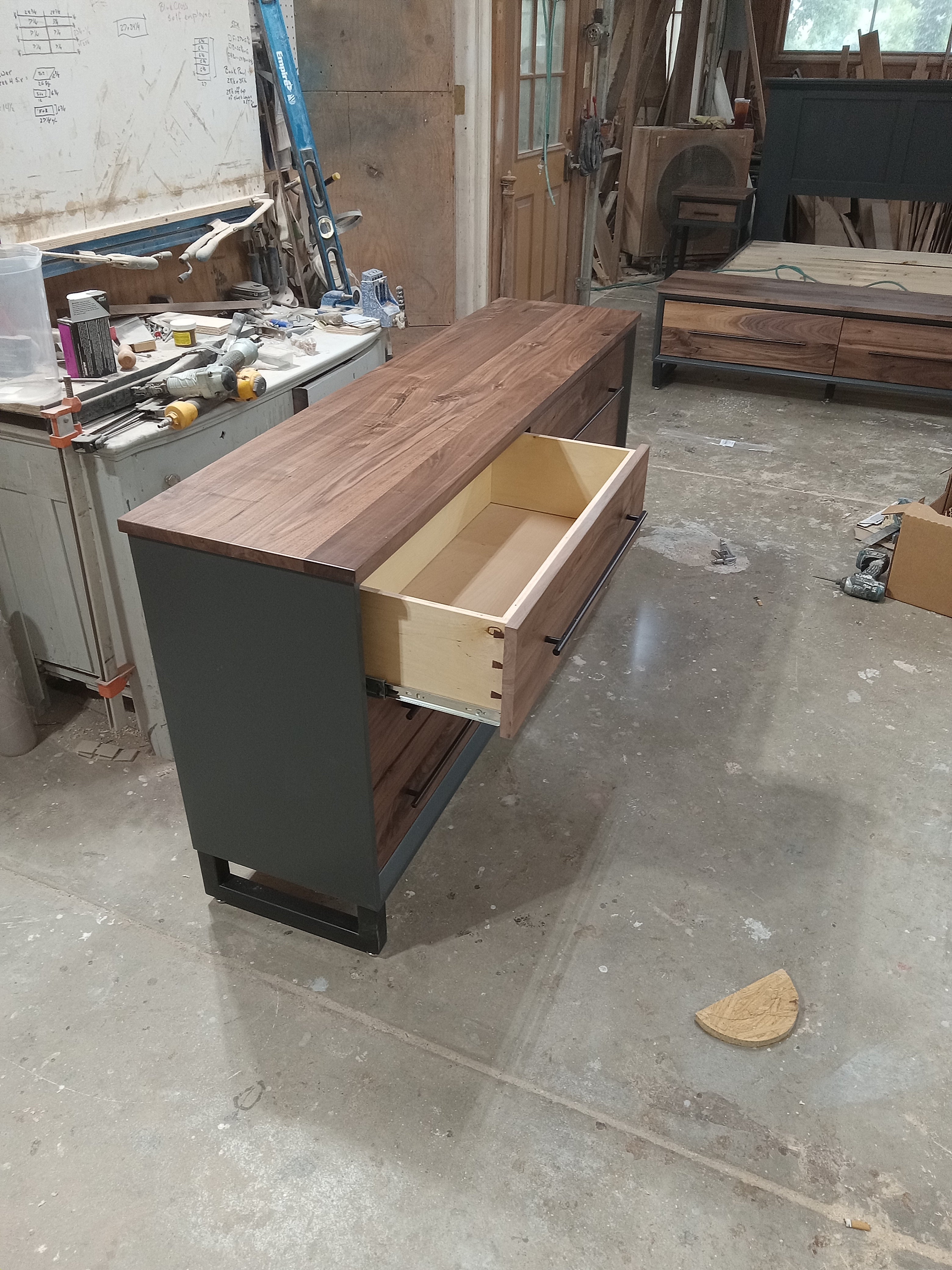 60" Modern 6 drawer dresser in iron finish with walnut fronts and top.