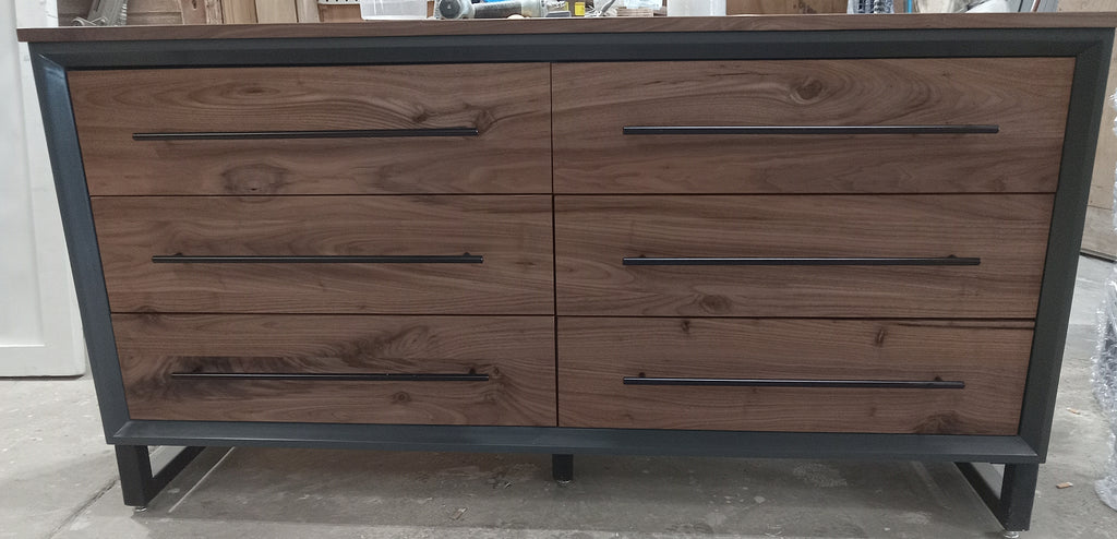 60" Modern 6 drawer dresser in iron finish with walnut fronts and top.