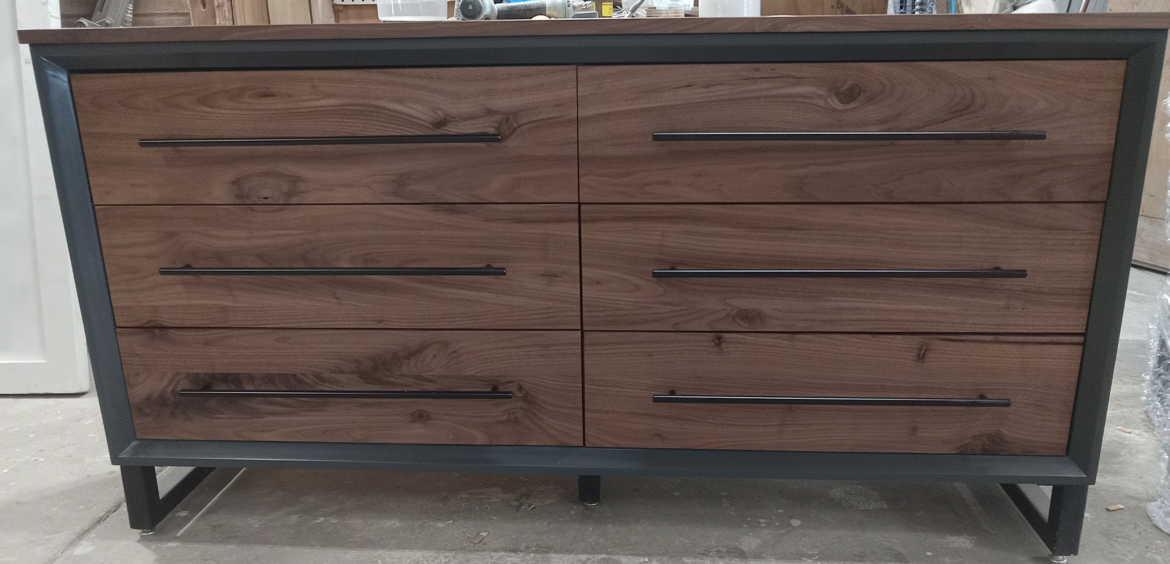 60" Modern 6 drawer dresser in iron finish with walnut fronts and top.