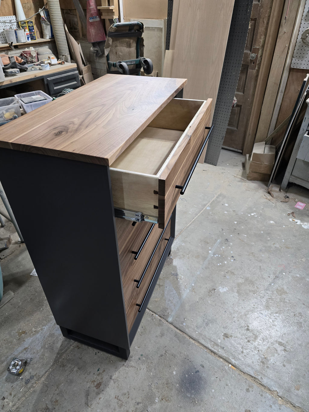 Handcrafted 30" modern chest of drawers iron paint and real walnut fronts ant tops