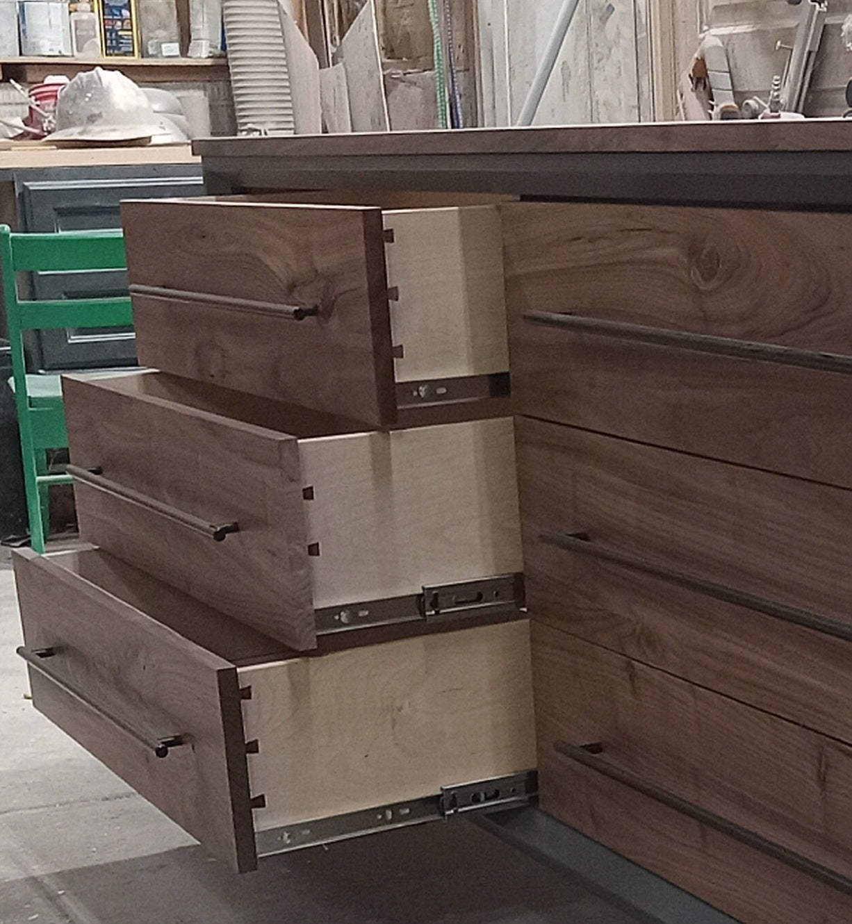 60" Modern 6 drawer dresser in iron finish with walnut fronts and top.