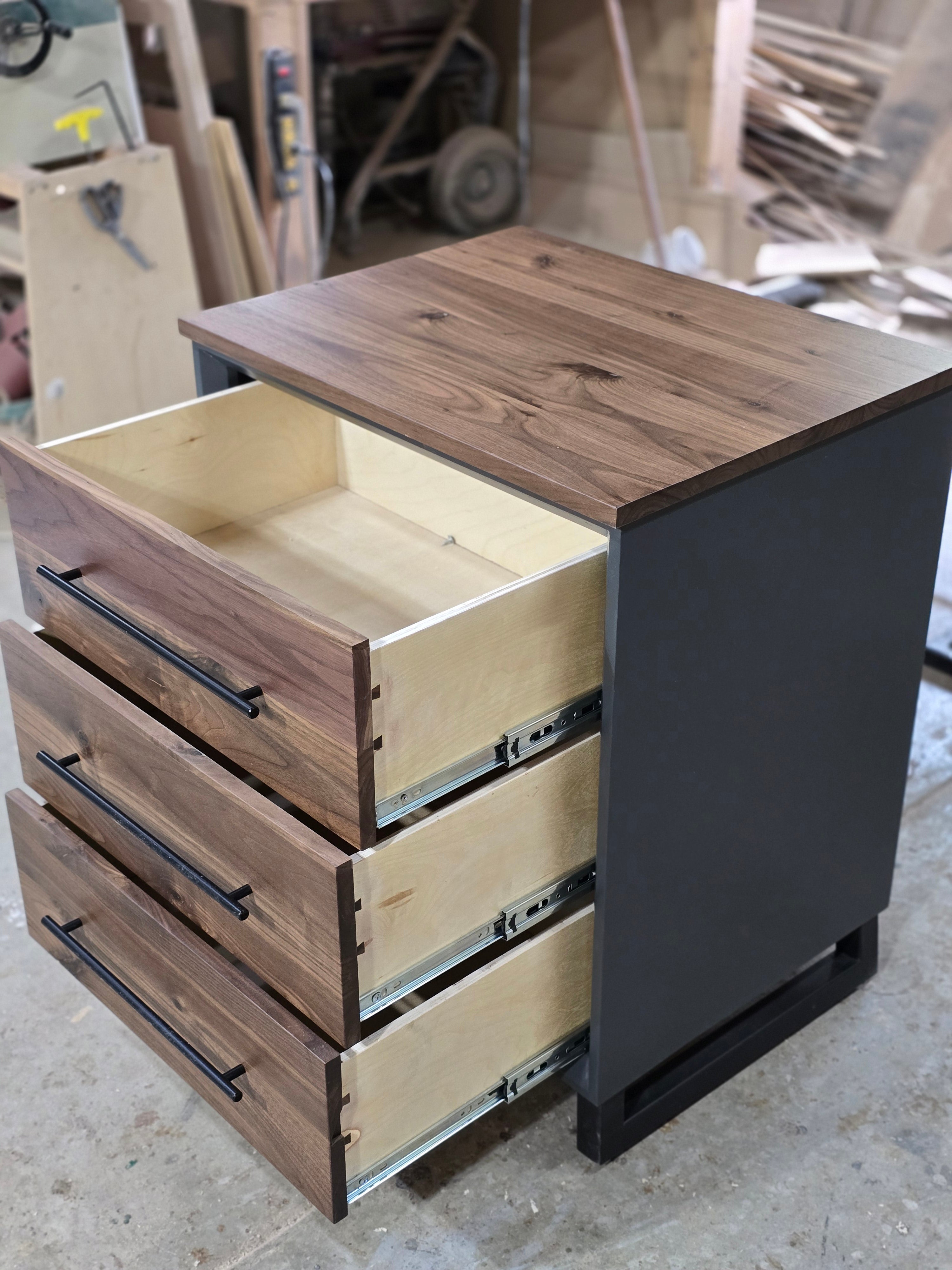 Handcrafted 3 drawer nightstand in iron finish w/real walnut fronts and tops 18w x 18d x 24t