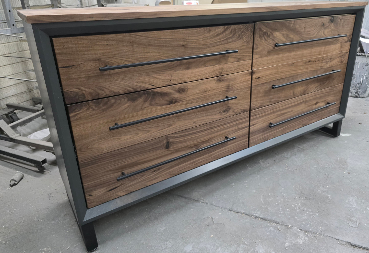 60" Modern 6 drawer dresser in iron finish with walnut fronts and top.